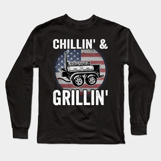 Funny Grilling Dad BBQ Season USA American Flag Long Sleeve T-Shirt by Visual Vibes